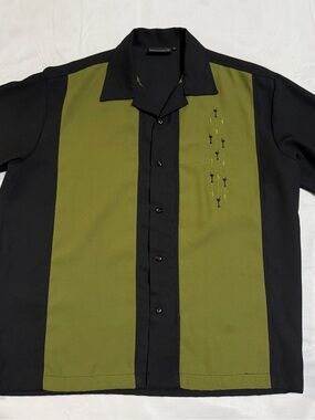 Steady last call bowling Short-Sleeve Olive&Black Panel Button-Down Shirt size L